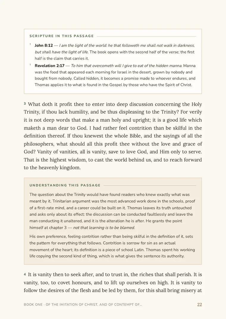 The Imitation, Book One — the original text with a Scripture panel and an explanation